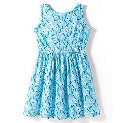 Pine Kids Cotton Knit Sleeveless Fit & Flared Frock with Floral Print- Light Blue