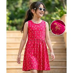 Pine Kids 100% Cotton Knit Sleeveless Floral Printed Frock - Red