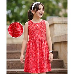 Pine Kids Cotton Knit Sleeveless Frock with Floral Print - Red