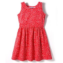 Pine Kids Cotton Knit Sleeveless Frock with Floral Print - Red