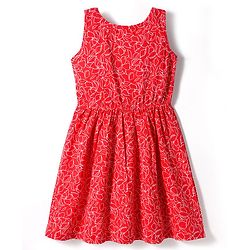 Pine Kids Cotton Knit Sleeveless Frock with Floral Print - Red
