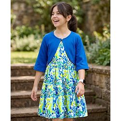 Pine Kids Cotton Knit Floral Printed Frock with Half Sleeves Jacket - Multicolor