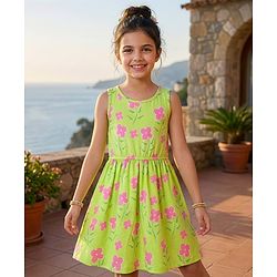 Pine Kids Cotton Knit Sleeveless Frock with Floral Print - Light Green