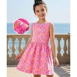 Pine Kids Cotton Knit Sleeveless Frock with Floral Print - Pink