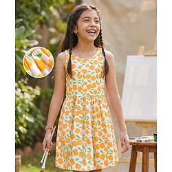 Pine Kids Cotton Knit Sleeveless Fit & Flared Frock with Floral Print- White & Orange