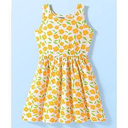 Pine Kids Cotton Knit Sleeveless Fit & Flared Frock with Floral Print- White & Orange