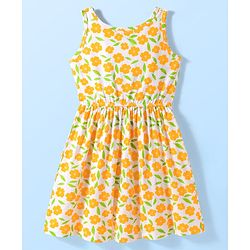 Pine Kids Cotton Knit Sleeveless Fit & Flared Frock with Floral Print- White & Orange