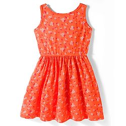 Pine Kids Cotton Knit Sleeveless Fit & Flared Frock with Floral Print- Orange