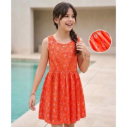Pine Kids Cotton Knit Sleeveless Fit & Flared Frock with Floral Print- Orange