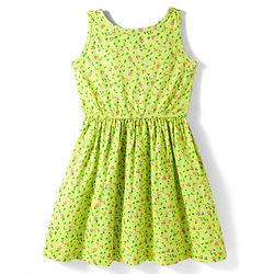 Pine Kids Cotton Knit Sleeveless Fit & Flared Frock with Floral Print- Light Green