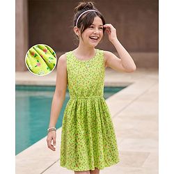 Pine Kids Cotton Knit Sleeveless Fit & Flared Frock with Floral Print- Light Green