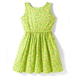 Pine Kids Cotton Knit Sleeveless Fit & Flared Frock with Floral Print- Light Green