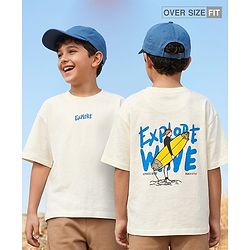 Pine Kids Cotton Knit Half Sleeves T-Shirt With Surfing Print - Off White
