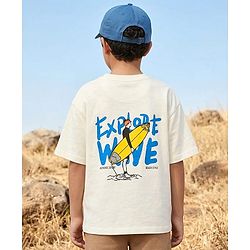 Pine Kids Cotton Knit Half Sleeves T-Shirt With Surfing Print - Off White