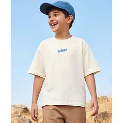 Pine Kids Cotton Knit Half Sleeves T-Shirt With Surfing Print - Off White