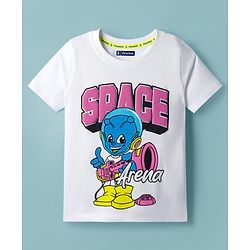 Pine Kids Cotton Knit Half Sleeves T-Shirt with Space Theme Print - White
