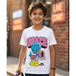 Pine Kids Cotton Knit Half Sleeves T-Shirt with Space Theme Print - White