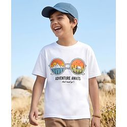 Pine Kids 100% Cotton Knit Half Sleeves Mountains Printed T-Shirt - White
