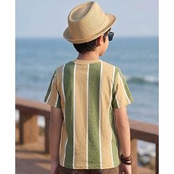 Pine Kids Cotton Knit Half Sleeves Striped T-Shirt With Tree Print - Multicolor
