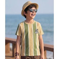 Pine Kids Cotton Knit Half Sleeves Striped T-Shirt With Tree Print - Multicolor