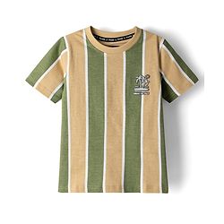 Pine Kids Cotton Knit Half Sleeves Striped T-Shirt With Tree Print - Multicolor