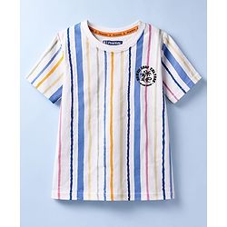 Pine Kids Cotton Knit T-Shirt Striped Round Neck Half Sleeves White 4-5 Years