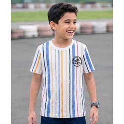 Pine Kids Cotton Knit T-Shirt Striped Round Neck Half Sleeves White 4-5 Years