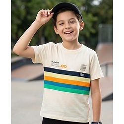Pine Kids Cotton Knit Half Sleeves T-Shirt with Skate Print & Stripes - White