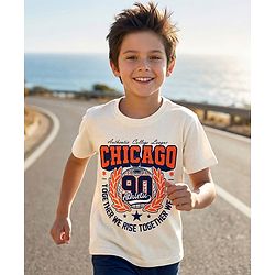 Pine Kids Cotton Knit Half Sleeves T-Shirt with Chicago Print - White