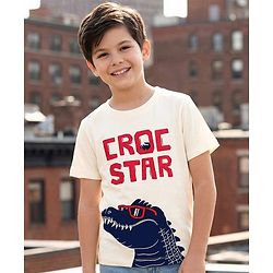 Pine Kids Cotton Knit Half Sleeves T-Shirt with Crocodile Print - White