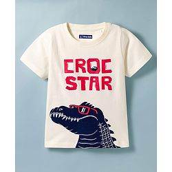 Pine Kids Cotton Knit Half Sleeves T-Shirt with Crocodile Print - White