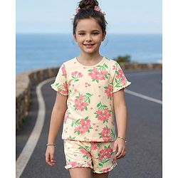 Pine Kids Cotton Knit Half Sleeves T-Shirt & Shorts Co-ord Night Suit With Floral Print - Yellow