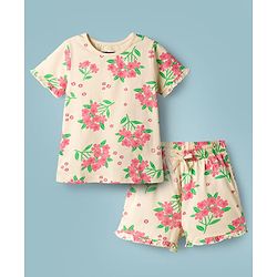 Pine Kids Cotton Knit Half Sleeves T-Shirt & Shorts Co-ord Night Suit With Floral Print - Yellow