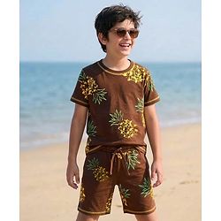 Pine Kids Cotton Knit Half Sleeves T-Shirt & Shorts Co-ord Night Suit With Pineapple Print - Brown