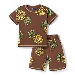 Pine Kids Cotton Knit Half Sleeves T-Shirt & Shorts Co-ord Night Suit With Pineapple Print - Brown