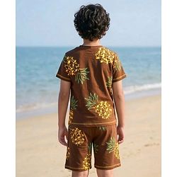 Pine Kids Cotton Knit Half Sleeves T-Shirt & Shorts Co-ord Night Suit With Pineapple Print - Brown
