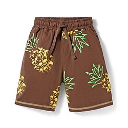 Pine Kids Cotton Knit Half Sleeves T-Shirt & Shorts Co-ord Night Suit With Pineapple Print - Brown