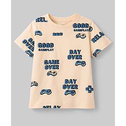 Pine Kids Cotton Knit Half Sleeves Co-Ords T-Shirt & Shorts Night-Suit With Text Print - Offwhite