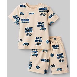 Pine Kids Cotton Knit Half Sleeves Co-Ords T-Shirt & Shorts Night-Suit With Text Print - Offwhite