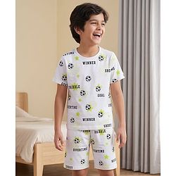 Pine Kids Cotton Knit Half Sleeves Co-ords T-Shirt & Shorts Night Suit with Football Print - White
