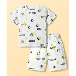 Pine Kids Cotton Knit Half Sleeves Co-ords T-Shirt & Shorts Night Suit with Football Print - White