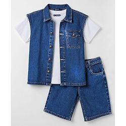 Pine Kids Cotton Denim Half Sleeves T-Shirt & Shorts Set With Jacket - Blue