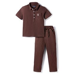 Pine Kids Waffle Knit Half Sleeves Co-ords Solid Color Polo T-Shirt & Pant Set - Brown