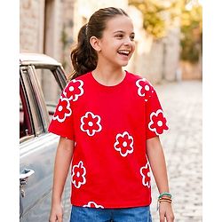 Pine Kids Cotton Knit Half Sleeves T-Shirt With Floral Print - Red