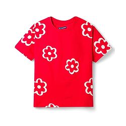 Pine Kids Cotton Knit Half Sleeves T-Shirt With Floral Print - Red