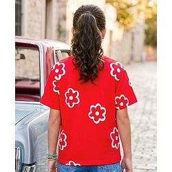 Pine Kids Cotton Knit Half Sleeves T-Shirt With Floral Print - Red