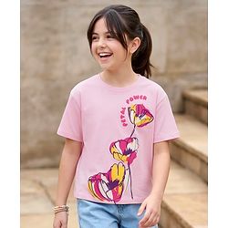 Pine Kids Cotton Knit Drop Shoulder Half Sleeves T-Shirt with Floral Print - Pink