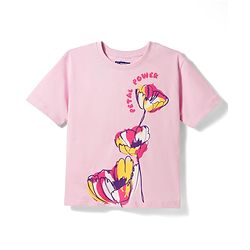 Pine Kids Cotton Knit Drop Shoulder Half Sleeves T-Shirt with Floral Print - Pink