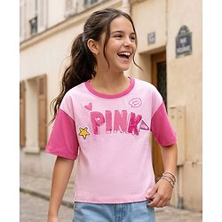 Pine Kids Cotton Knit Drop Shoulder Sleeves T-Shirts With Text Print & Sequin Detailing - Pink