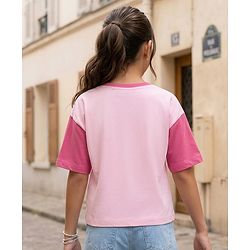 Pine Kids Cotton Knit Drop Shoulder Sleeves T-Shirts With Text Print & Sequin Detailing - Pink
